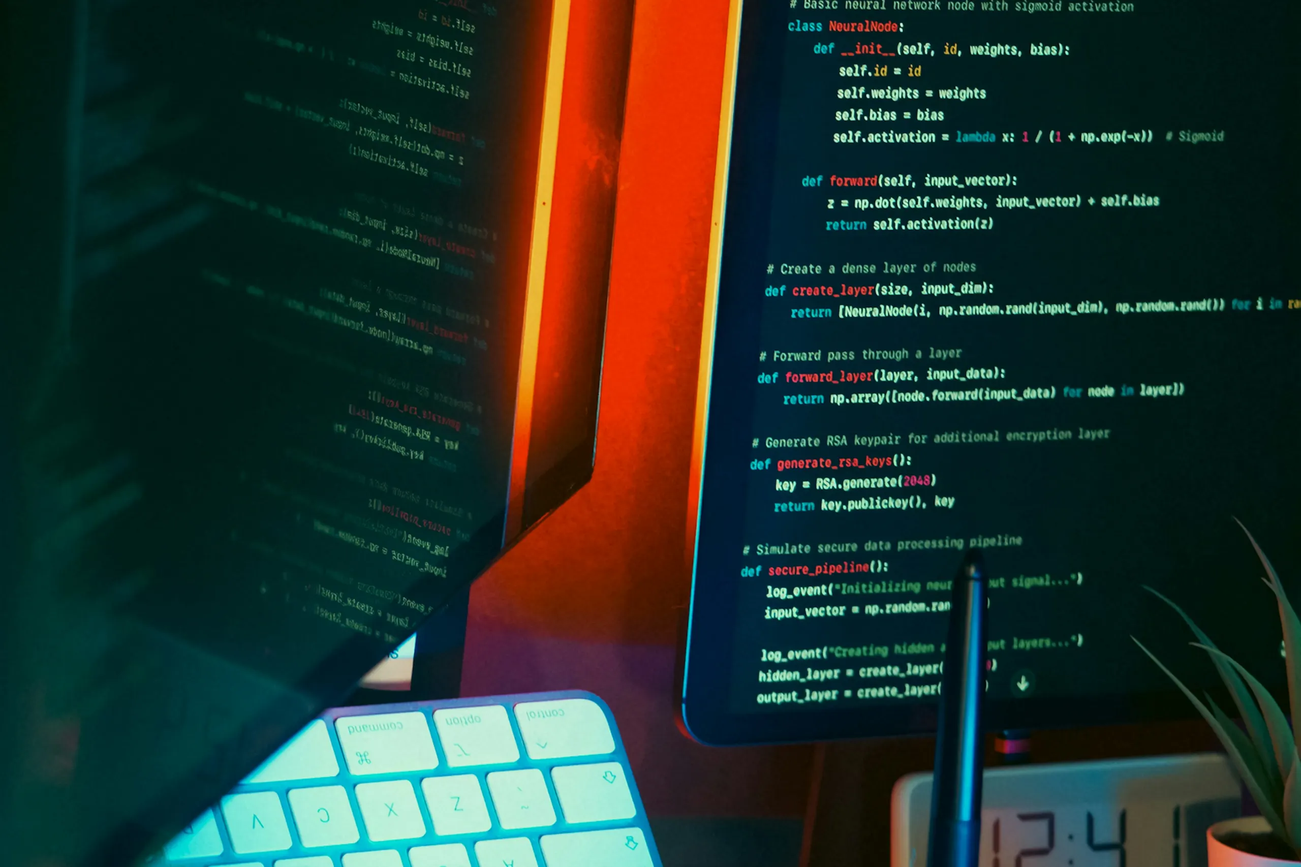 A developer workspace with source code on screen beside a lit keyboard